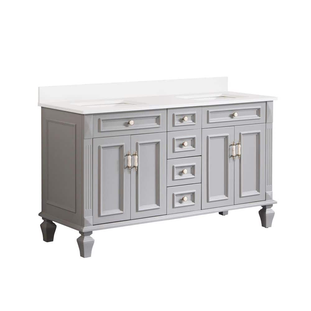 60 in. Double Sink Freestanding Solid Wood Bath Vanity in Gray with White Quartz Top, Soft-Close, Full Assembled price history on PriceWatchPro