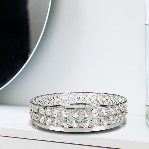 LIVING LUXURY 10 in. Silver Luxury Crystal Bead Round Metal Mirror Decorative Tray