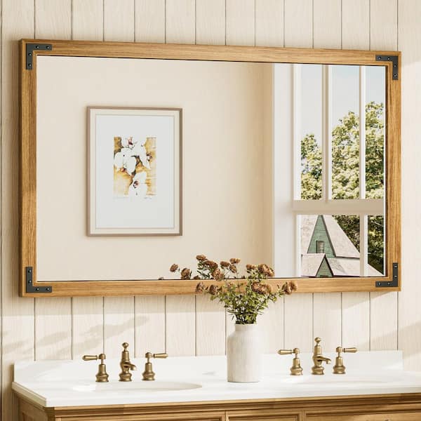 48 in. W x 30 in. H Rectangular Rustic Wood Framed Farmhouse Wall Bathroom Vanity Mirror in Natural Wood