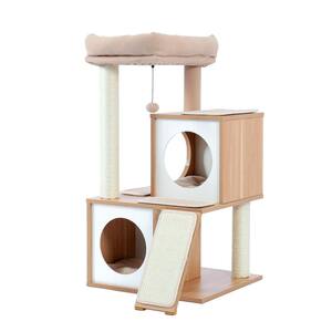 35.10 in. H Pet Cat Scratching Posts and Trees Kitten Bed Furniture with Dangling Toys in Beige