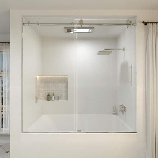 Hermitage Bath Brewo 60 in. W x 60 in. H Sliding Semi Frameless Tub Door in Silver Finish with Clear Glass