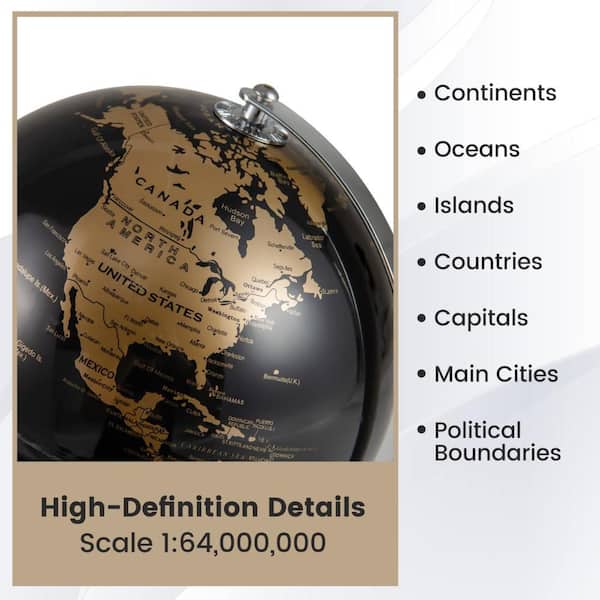 Gymax Metallic Black 10.5 in. World Globe 8-Inch Rotating Earth