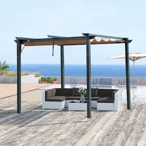 10 ft. x 10 ft. Outdoor Aluminum Pergola with Brown Retractable Shade Canopy for Patio Garden Backyard