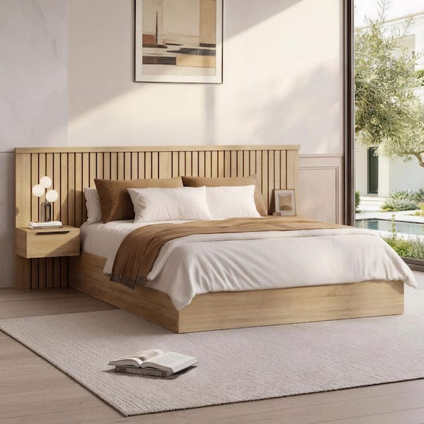 Lume Oak Wood Frame King Platform Bed with Modern Fluted Style Bed Set, Nightstands, Easy Assembly