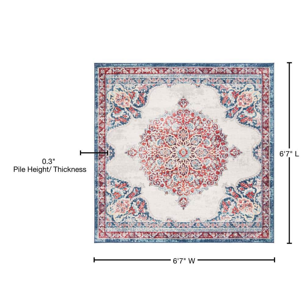 Ivory and Red Synthetic Square Oriental Area Rug