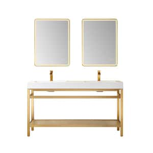 Ablitas 60 in. W x 20 in. D x 34 in. H Double Sink Bath Vanity in Brushed Gold with White Composite Stone Top and Mirror