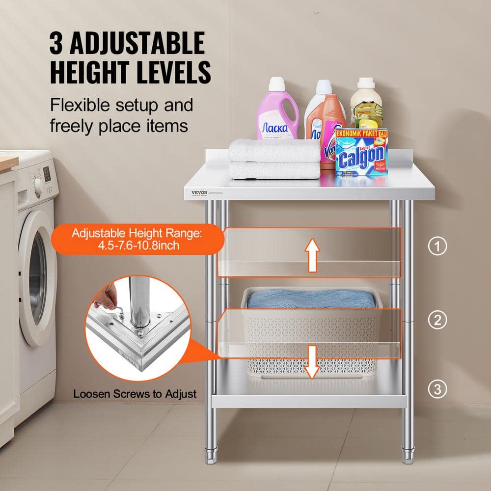 Silver Stainless Steel Adjustable Height Kitchen Work Table