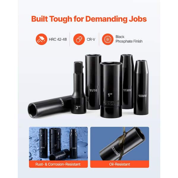 1/2 in. Drive Impact Socket Set, 29-Piece, 6-Point Deep Sockets, SAE 3/8-1 in. & Metric 10-24 mm, Cr-V Steel, Extensions
