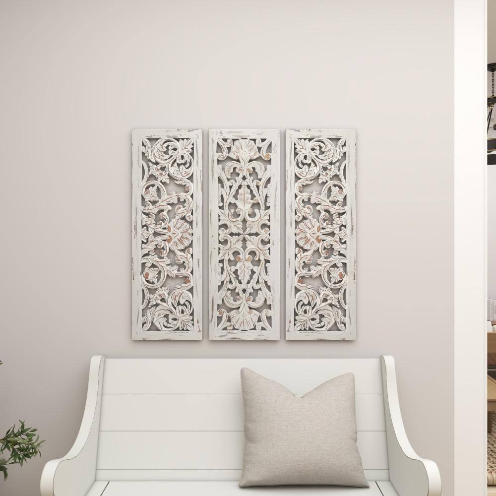 White Distressed Wood Carved Floral Wall Panels Set of 3