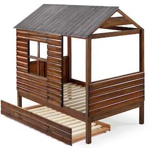 Log Cabin Rustic Walnut and Silver Twin Low Loft Bed with Twin Trundle Bed