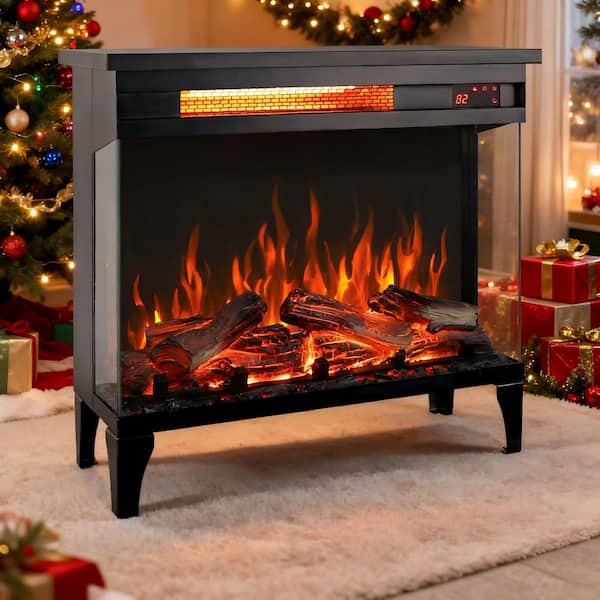 5,000 BTU 24 in. 400 sq. ft. Freestanding 3-Sided Glass Electric Fireplace in Black with Remote Control