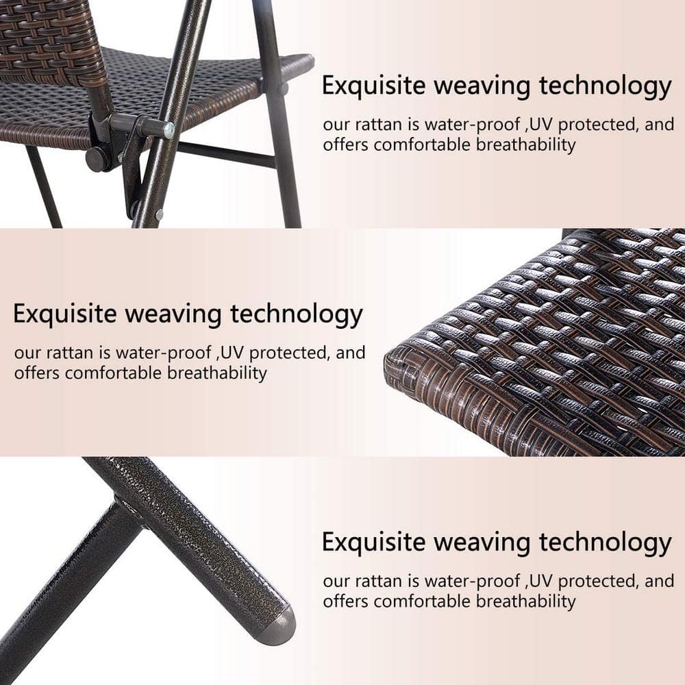 Brown Wicker Folding Outdoor Dining Chairs with Steel Frame, Set of 4