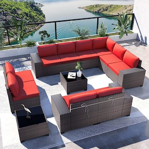 12-Piece Wicker Outdoor Sectional Set with Red Cushion