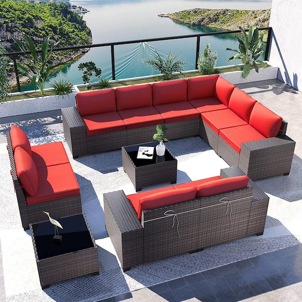 Halmuz 12-Piece Wicker Outdoor Sectional Set with Red Cushion