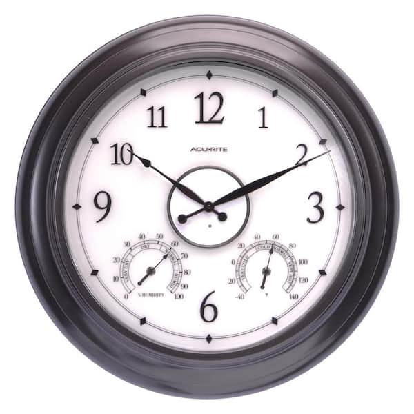 AcuRite 24 in. LED-Illuminated Outdoor Wall Clock with Thermometer and Humidity Sensor, Metal Frame, Glass Lens, Black