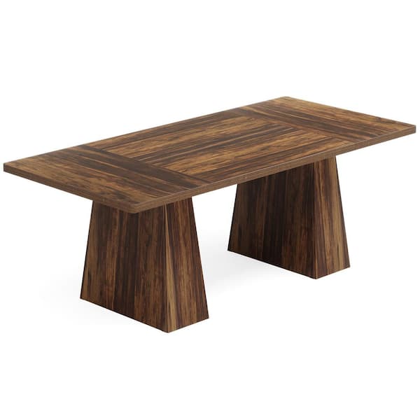 BYBLIGHT Brown Engineered Wood 63 in. Double Pedestal Dining Table Seats 4, Wood Dinner Table Kitchen and Dining Room Furniture