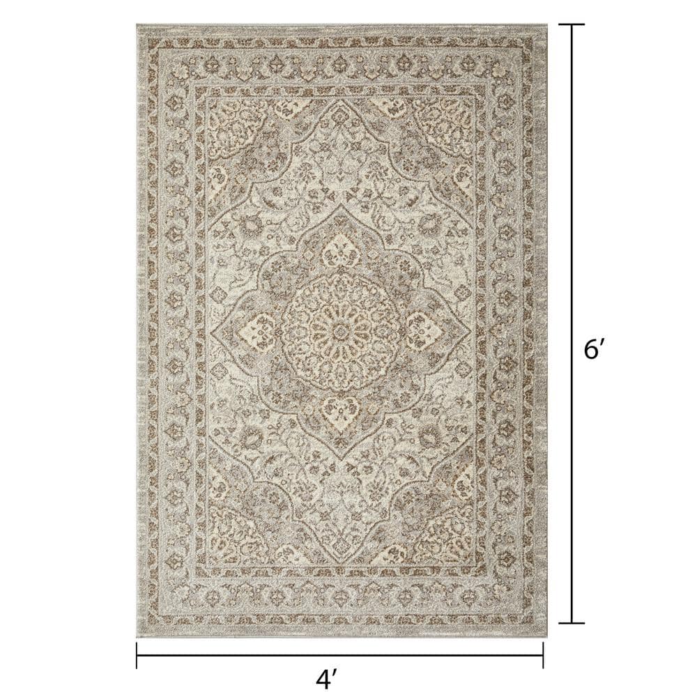 Gray and Beige 4' x 6' Oriental Synthetic Area Rug