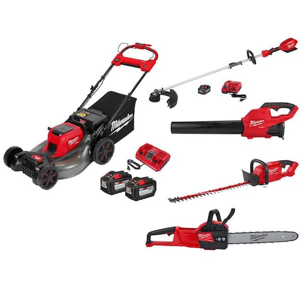 Milwaukee M18 FUEL Brushless 21 in. Self-Propelled Mower w/ String Trimmer, Blower, Hedger, Chainsaw, (2) 12Ah & (1) 8Ah Batteries
