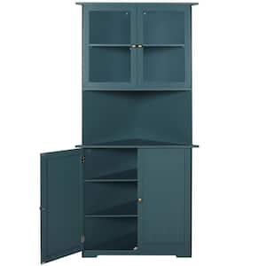 Corner Pantry Organizer Cabinet with Adjustable Shelves and Glass Doors in Teal Blue