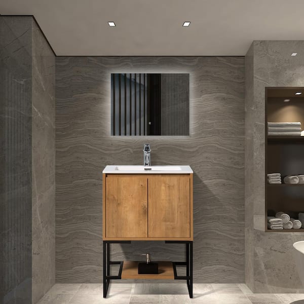 Free-Standing 23.62 in. W x 17.72 in. D x 34.65 in. H. Bath Vanity in Oak with White Solid Surface Top with White Basin