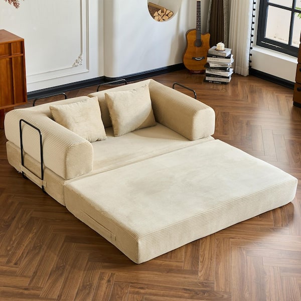 sofa bed ソファベッド 59.05 in. Beige Striped Corduroy Twin Size Convertible Sofa Bed