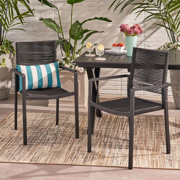Zeus & Ruta 2-Piece Black Modern Aluminum Outdoor Dining Chair with Rope Seat for Living Room, Garden, Dining Room, Backyard
