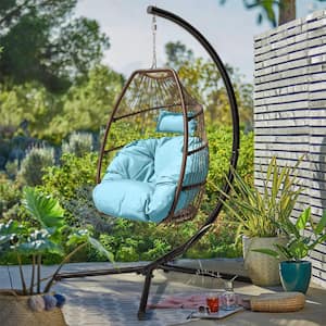 Premium Egg Style Steel Hanging Porch Swing with Pastel Blue Cushion
