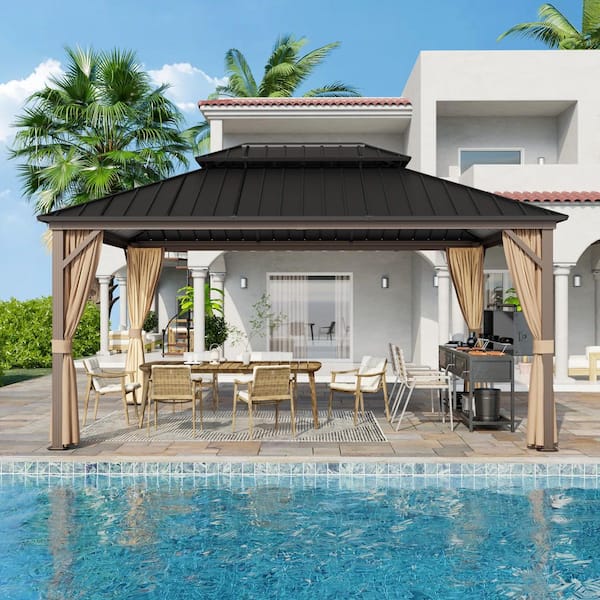 12 ft. x 16 ft. Outdoor Patio Aluminum Frame Gazebo with Double Hardtop Steel Roof, Mosquito Net and Curtains