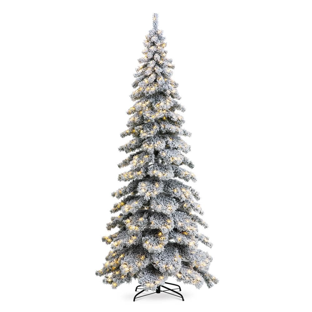 Glitzhome 9 ft. Pre-Lit Flocked Layered Spruce Artificial Christmas Tree with 500 Warm White Lights