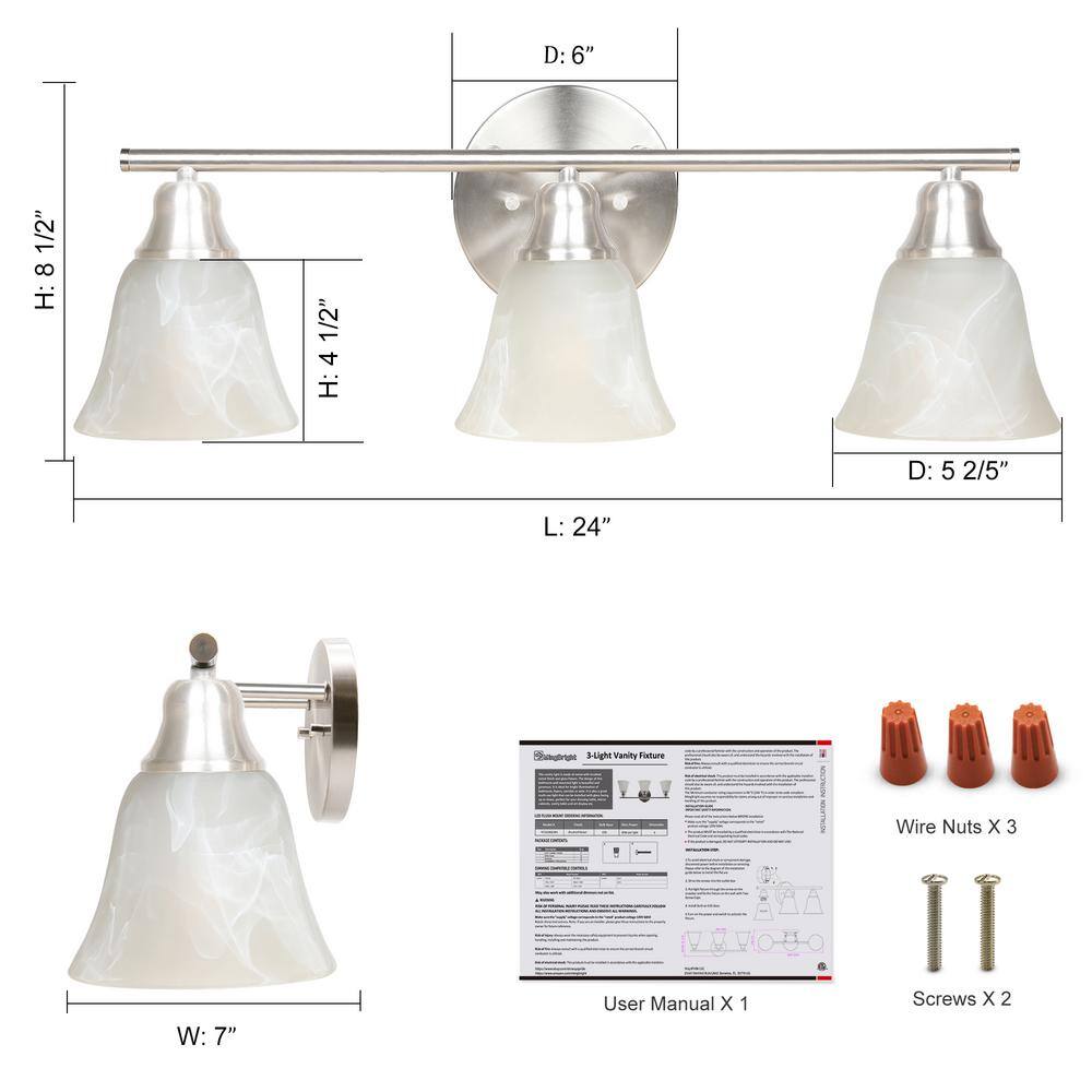 24 Inch Brushed Nickel Vanity Light with Alabaster Glass Shades