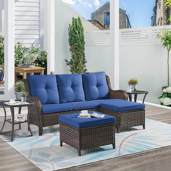 ArcoBay 5-Piece Brown Wicker Outdoor 3-Seat Sectional Couch Sofa Patio Conversation Set with Blue Cushions and Ottomans