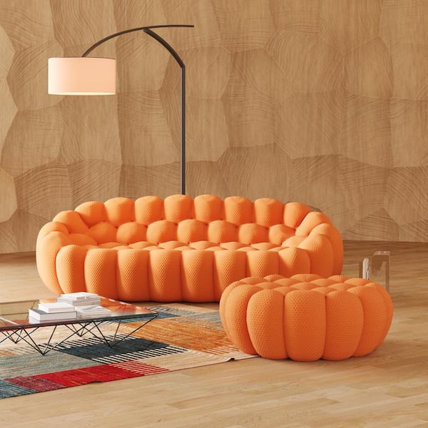 98 in. W Flared Arm 3D Knitted Polyester 2-Piece Curved Sectional Sofa in Orange with Ottoman