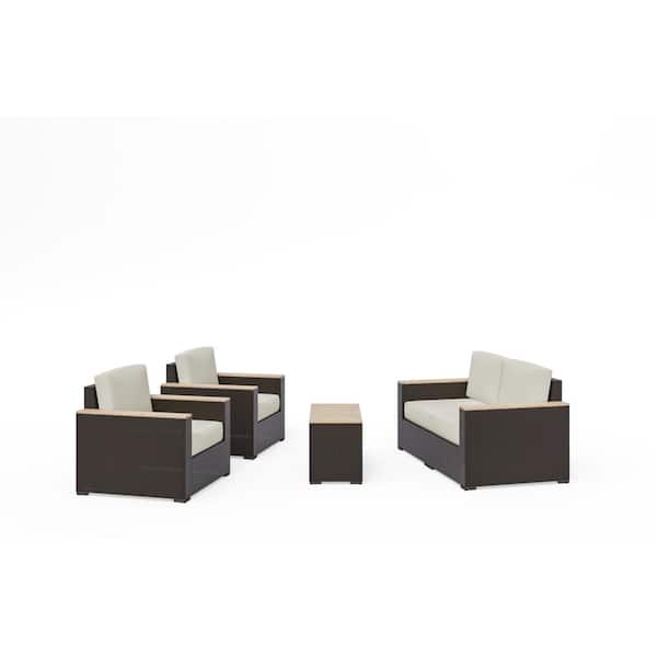 HOMESTYLES Palm Springs Brown 5-Piece Wicker Rattan Patio Conversation Set with Tan Cushions