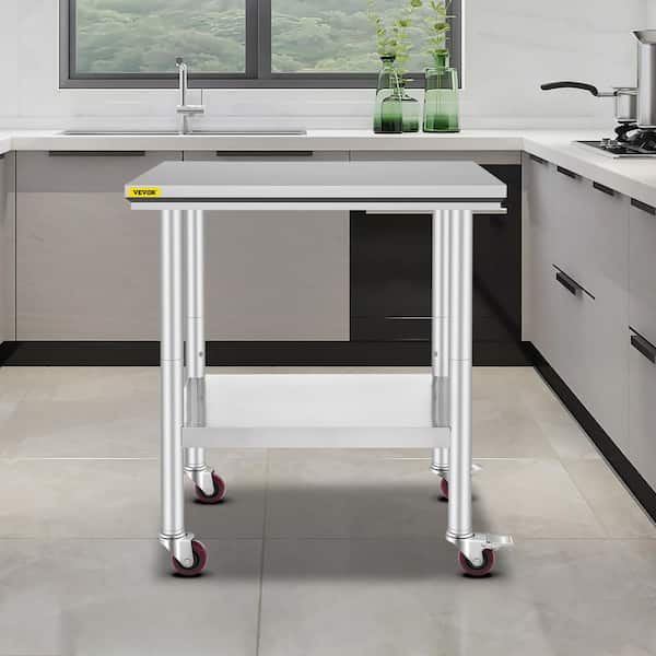 VEVOR Commercial Prep Table 29.9 x 23.6 in. Stainless Steel Table with Casters Kitchen Utility Table for Restaurant,Silver