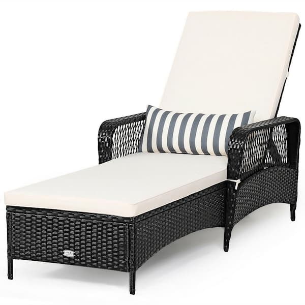 ANGELES HOME Black PE Wicker Patio Outdoor Chaise Lounge with Beige Cushion and Pillow