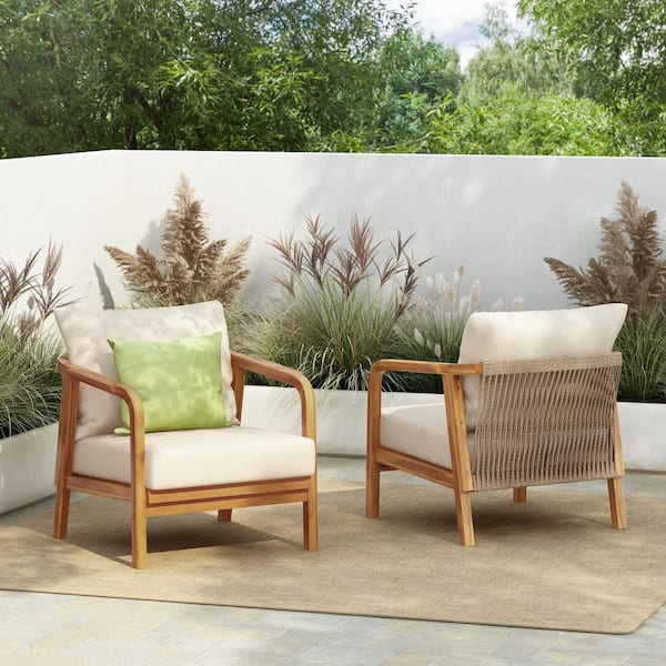 CHRISTOPHER KNIGHT HOME Tennyson Patio Solid Wood Outdoor Lounge Chair with Beige Cushions, Woven Backrest, Teak, Set of 2