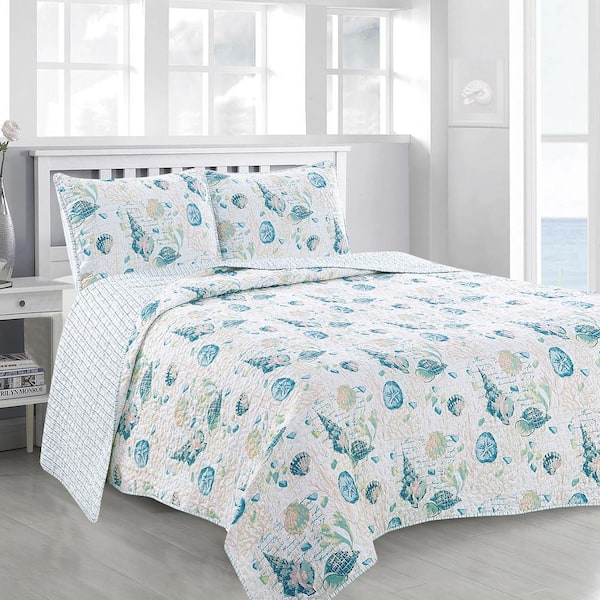 FRESHFOLDS Multi-Colored Coral Themed King Microfiber 3-Piece Quilt Set Bedspread