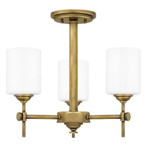 Aria 17 in. 3-Light Weathered Brass Semi-Flush Mount with Opal Glass