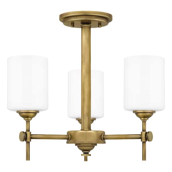 Quoizel Aria 17 in. 3-Light Weathered Brass Semi-Flush Mount with Opal Glass