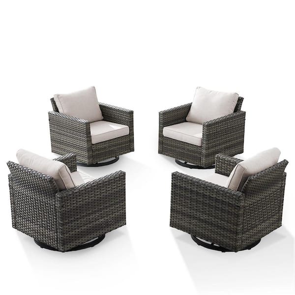 Carlos 4-Piece All-Weather Gray Wicker Outdoor Swivel Chairs with 4 in. Beige Cushions