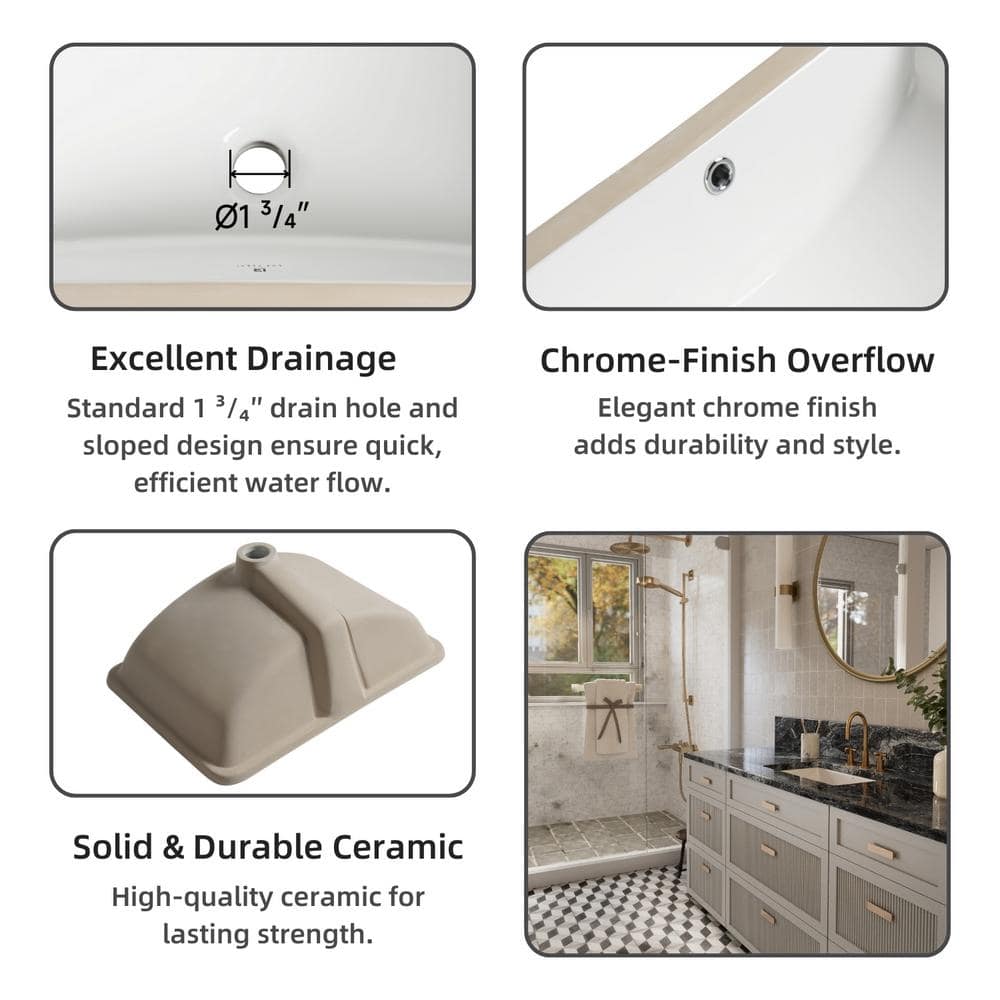 21" White Glossy Ceramic Rectangular Undermount Bathroom Sink