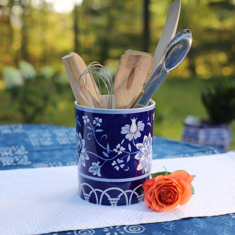 Blue and White Hand-Painted Ceramic Utensil Holder