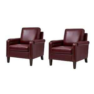 Leander Burgundy Genuine Leather Armchair Set of 2 with Removable Cushion and Nailhead Trims