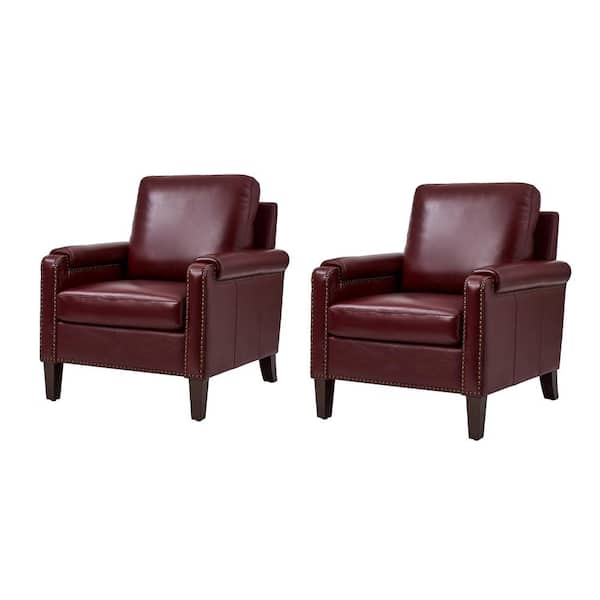 JAYDEN CREATION Leander Burgundy Genuine Leather Armchair Set of 2 with Removable Cushion and Nailhead Trims