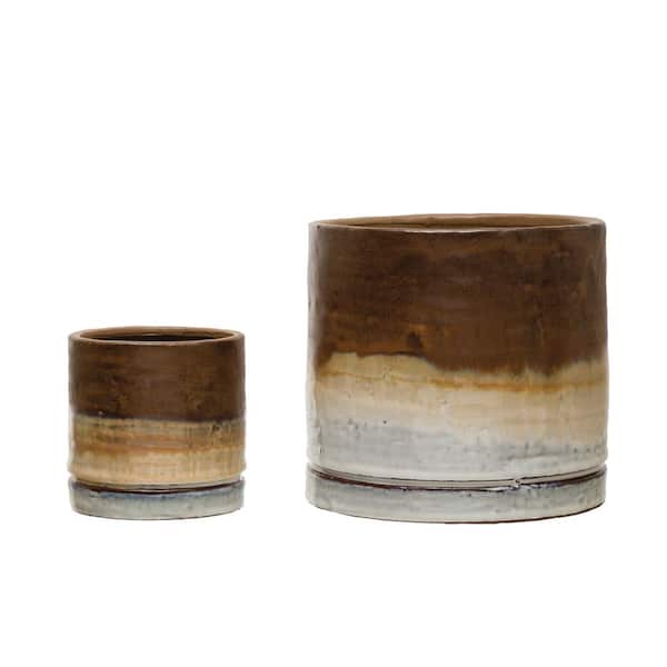 Storied Home Various Brown and White Stoneware Planter Set with Reactive Glaze and Ombre Effect (2-Pack)
