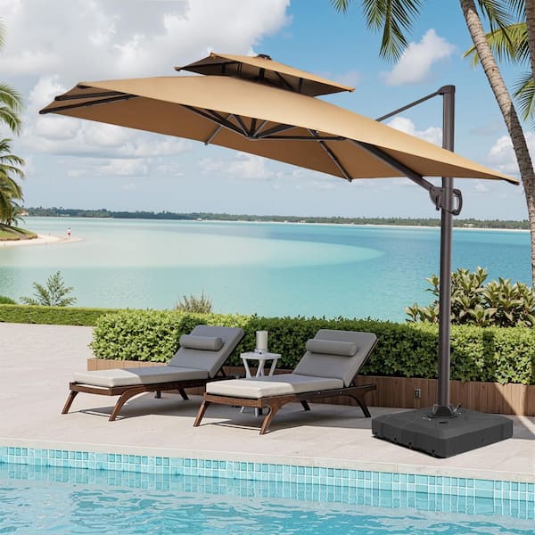 9 foot offset patio umbrella Pellebant 9 ft. x 11.5 ft. 2-Tier Outdoor Cantilever 360° Rotation Tiltable Patio Umbrella in Tan with Base