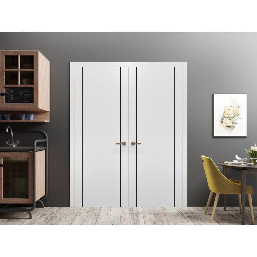 White Silk 80" x 60" Solid French Double Doors with Satin Nickel Levers