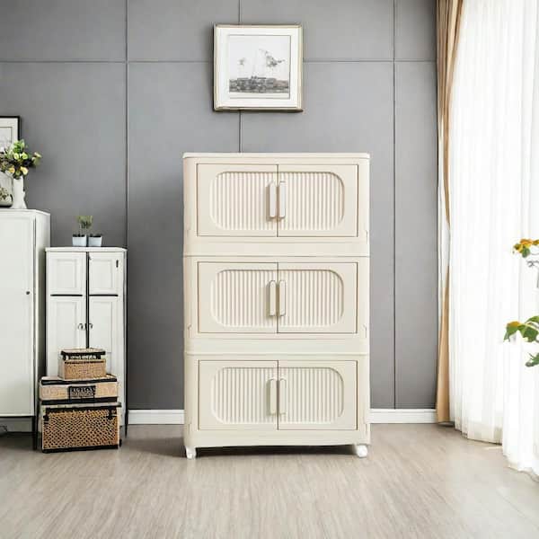 Cream White 31 in. H 3 Tiers Folding Collapsible Storage Cabinet with Magnetic Door, Plastic Storage Cabinet with Wheels