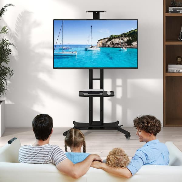 Gymax Black Mobile TV Stand Fits TVs up to 32 to 82 in. w/Top Tray