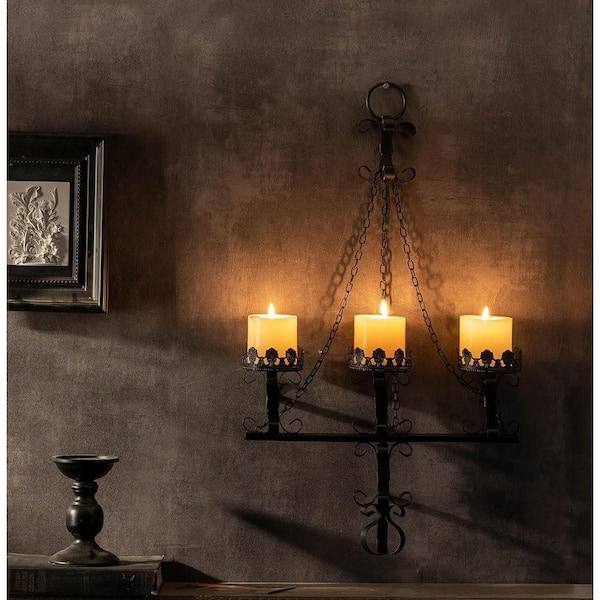 Black Iron 3-Candelabra Sconces-Gothic Victorian Wall Decor for